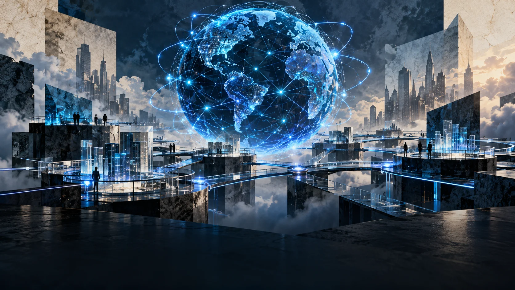Conceptual illustration of interconnected digital platforms and a luminous blue network.